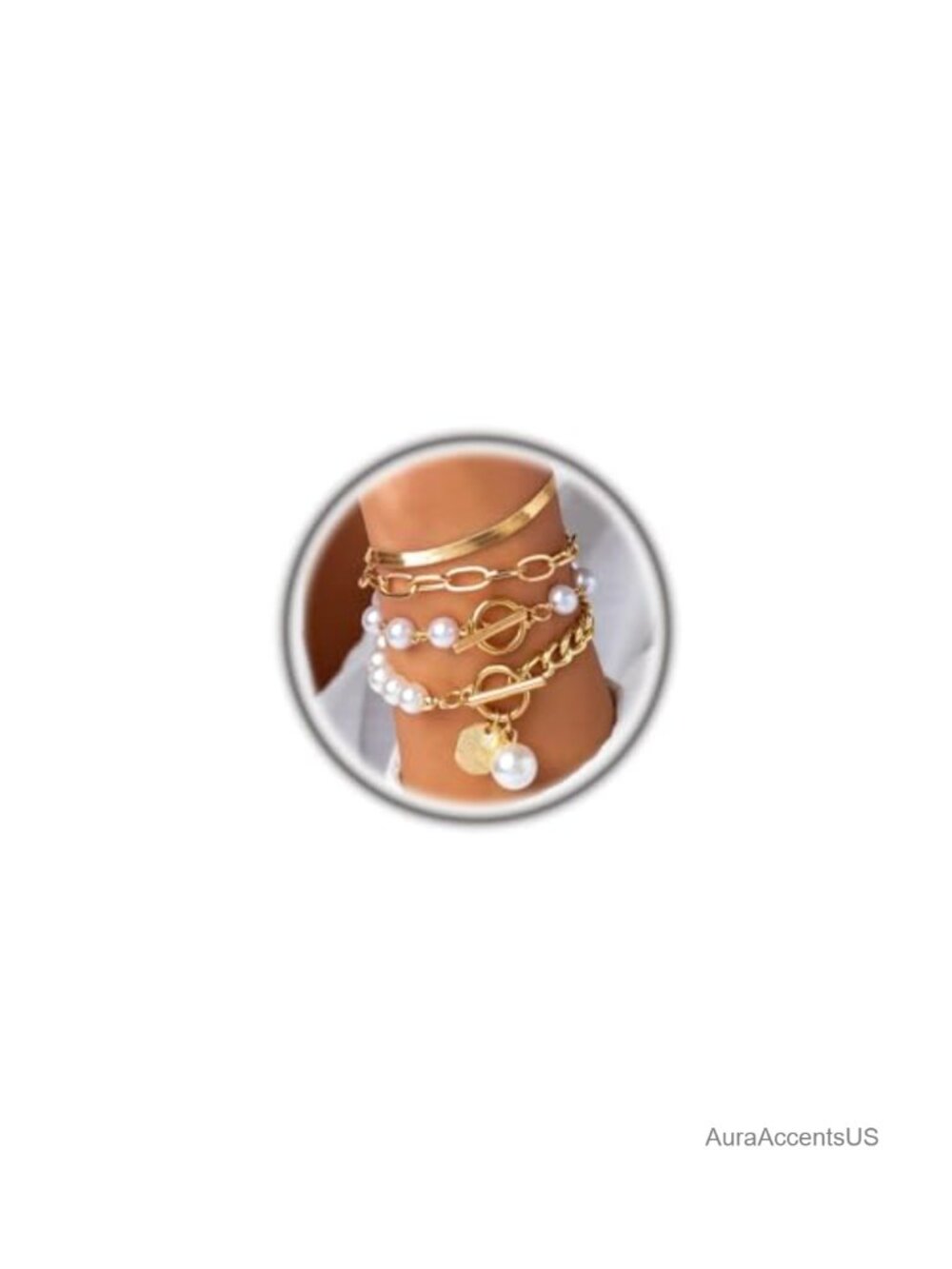 14K Gold Plated Pearl Bracelet Set for Women Layered Chain Link Stack Bracelets